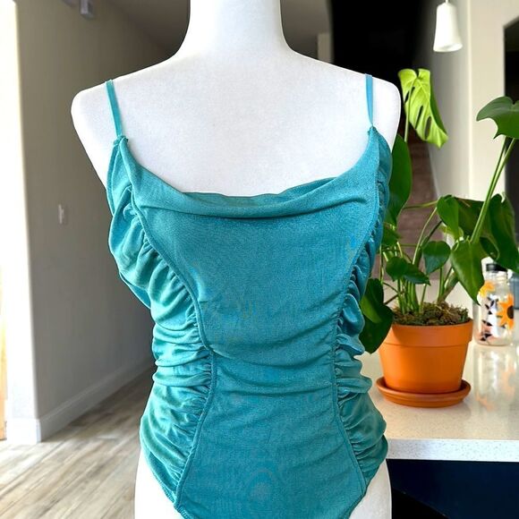 NWOT Free People Bodysuit Teal Loose Fit Ruched Tank S Stretchable Retro Thong - Picture 1 of 12